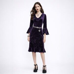 Vintage Crushed Velvet Dress Purple Ruffle Bell Sleeve Whimsigoth Witchy CDC 8